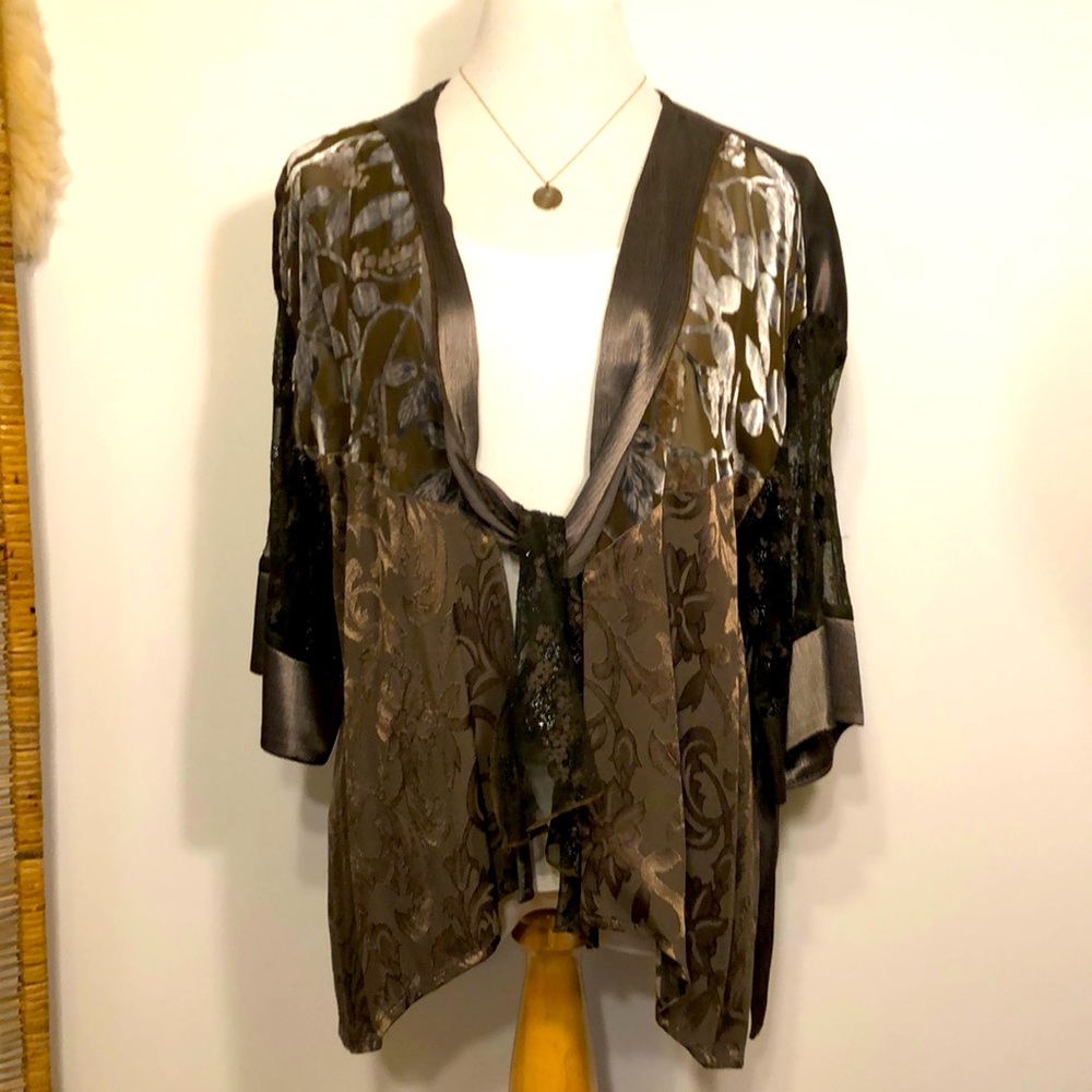 VTG-Olive Green Lace,Velvet & Silk Look Tie Front Patchwork Blazer-Size Medium